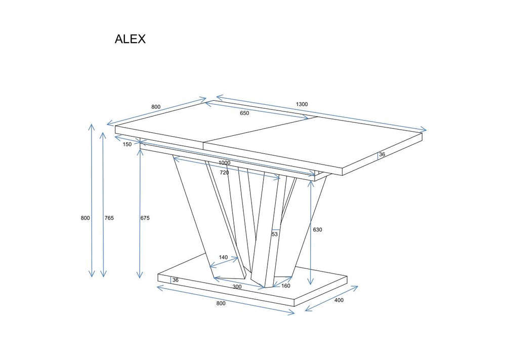 Ausziehbarer Esstisch "Alex" 130-210cm, Maßskizze 1