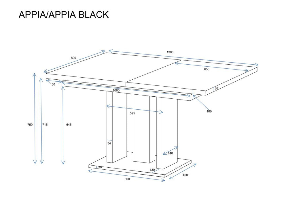 Ausziehbarer Esstisch "Appia" 130-210cm, Maßskizze 1