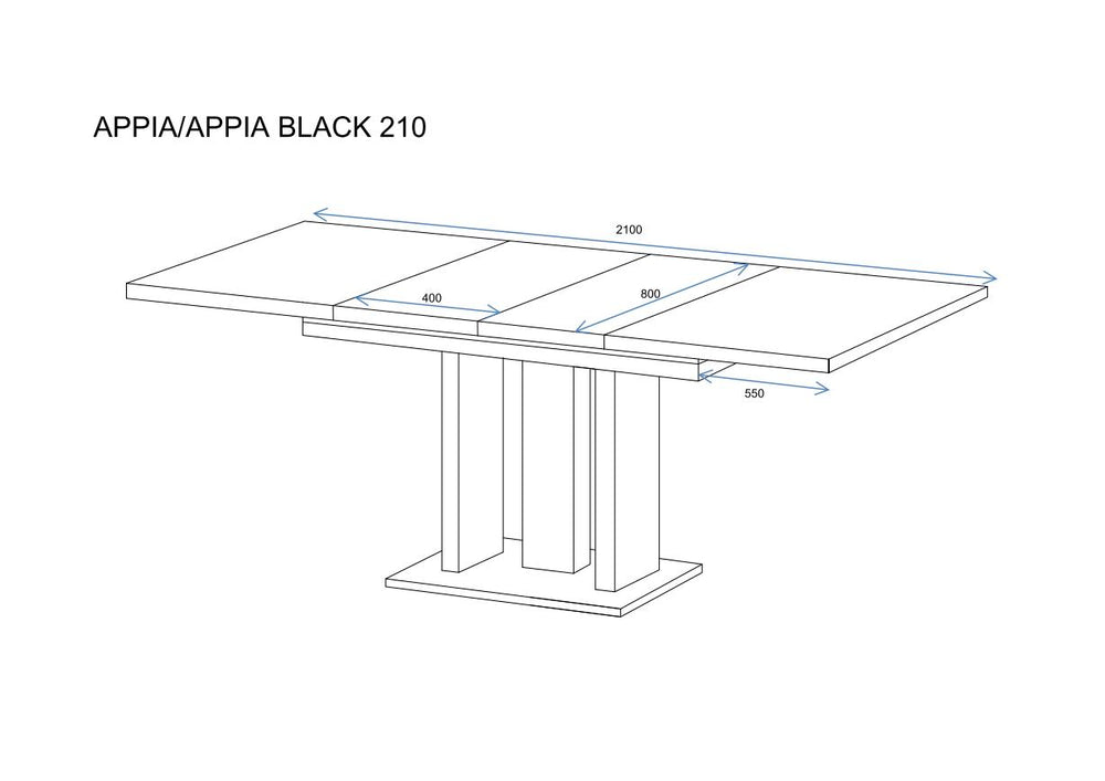Ausziehbarer Esstisch "Appia" 130-210cm, Maßskizze 2