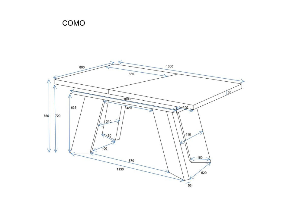 Ausziehbarer Esstisch "Como" 130-210cm, Maßskizze 1