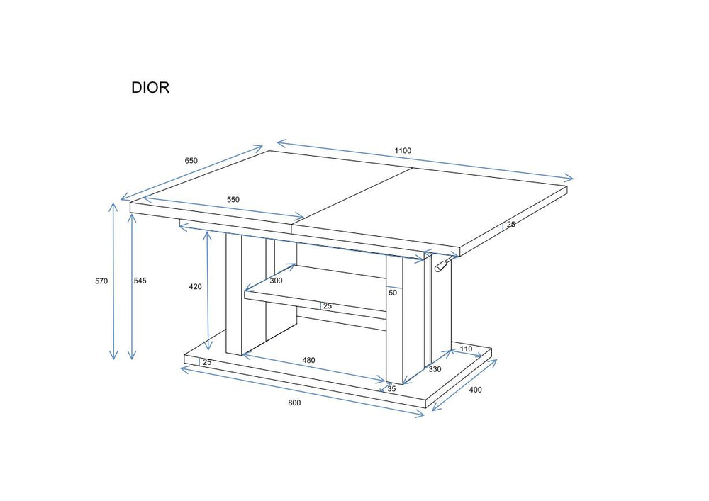 Couchtisch "Dior" 110-170cm, Maßskizze 2