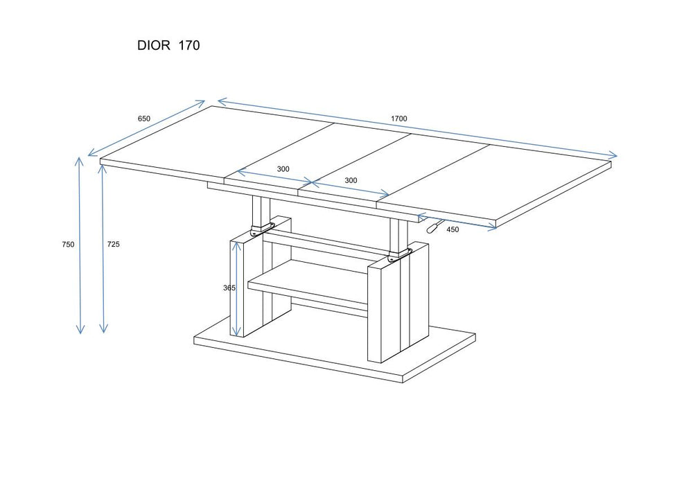 Couchtisch "Dior" 110-170cm, Maßskizze 1