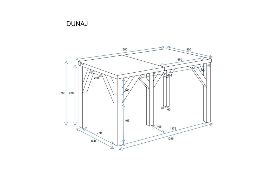 Ausziehbarer Esstisch "Dunaj" 130-405cm, Maßskizze 1