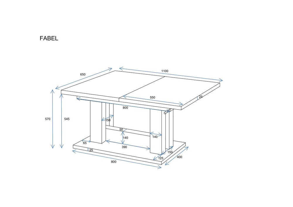 Couchtisch "Fabel" 110-170cm (Eiche Stirling), Maßskizze 2