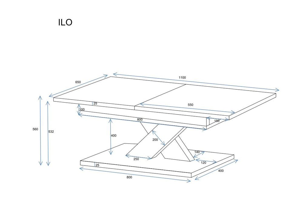 Couchtisch "Ilo" 110-140cm (Eiche Wotan), Maßskizze 1
