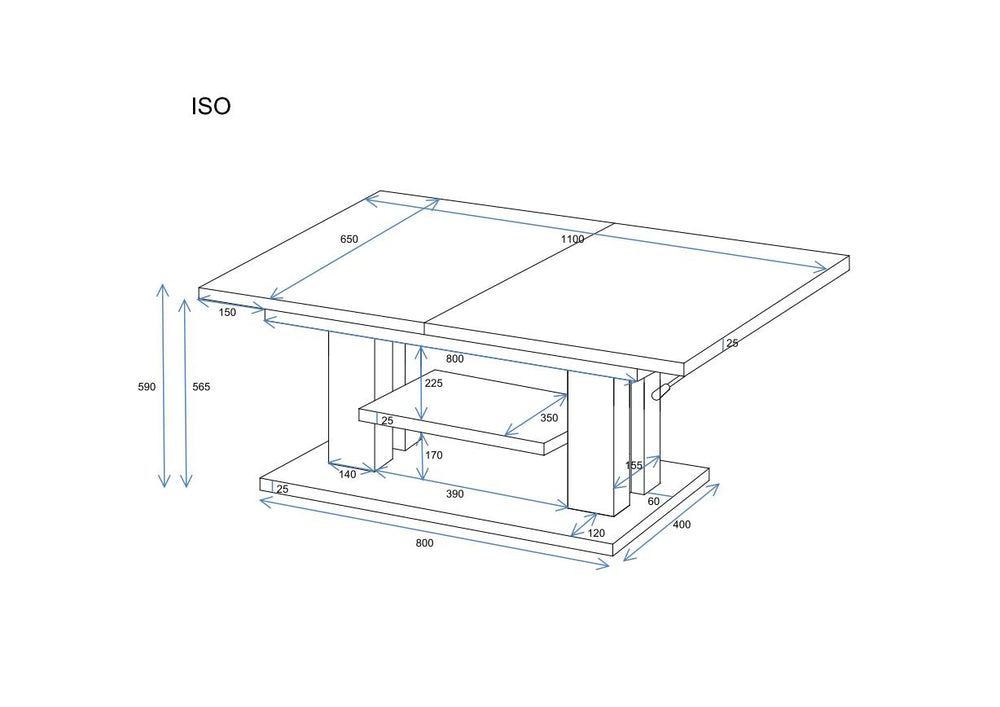 Couchtisch "Iso" 110-170cm (Eiche Stirling), Maßskizze 2