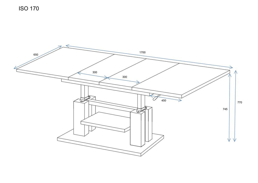 Couchtisch "Iso" 110-170cm (Eiche Stirling), Maßskizze 1