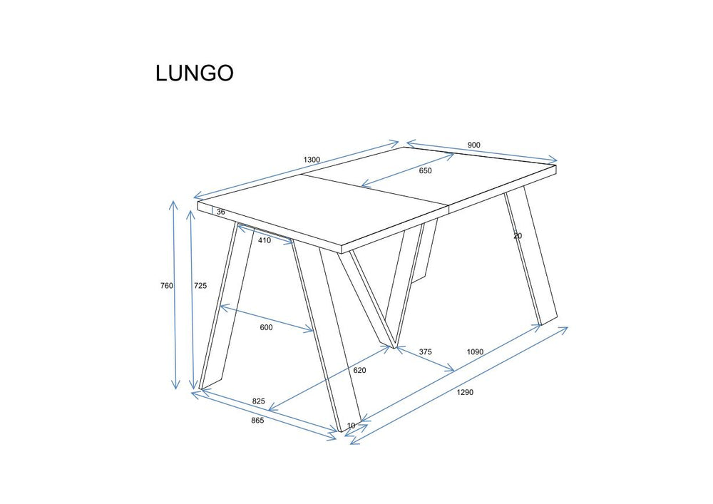 Ausziehbarer Esstisch "Lungo" 130-405cm, Maßskizze 2