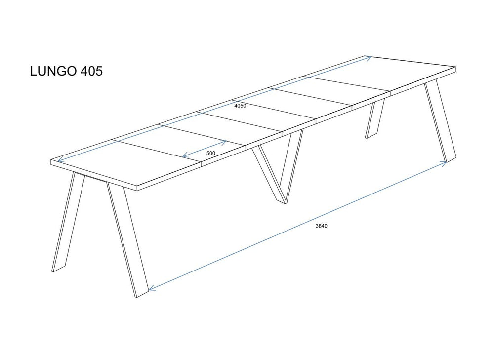 Ausziehbarer Esstisch "Lungo" 130-405cm, Maßskizze 1