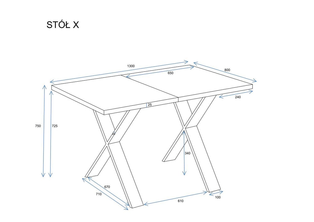 Ausziehbarer Esstisch "X" 130-210xm (Eiche Artisan), Maßskizze 1