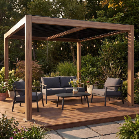Aluminium Pergola 3x3m Braun Holz-Optik - Pavillon mit Lamellendach & Regenrinne