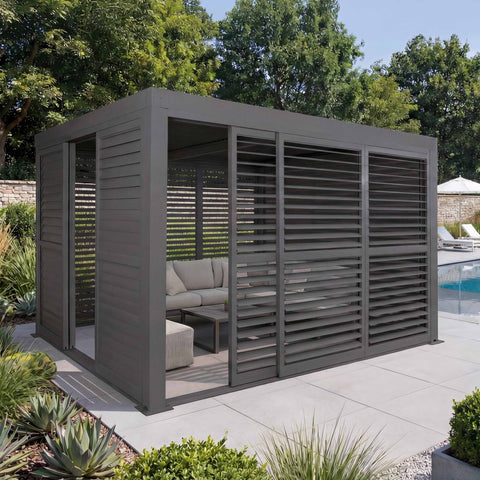 Aluminium Pergola 3x3m Anthrazit mit 6 Schiebetüren & Lamellendach | Wasserdicht & Sturmfest