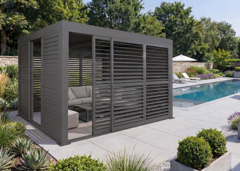 Aluminium Pergola 3x3m Anthrazit mit 6 Schiebetüren & Lamellendach | Wasserdicht & Sturmfest