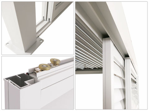 Alu Pergola 3x3m Weiß mit 6 Schiebetüren & 6 Lamellenpaneelen | Pavillon Terrassenüberdachung wetterfest