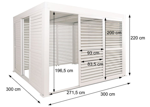Alu Pergola 3x3m Weiß mit 6 Schiebetüren & 6 Lamellenpaneelen | Pavillon Terrassenüberdachung wetterfest