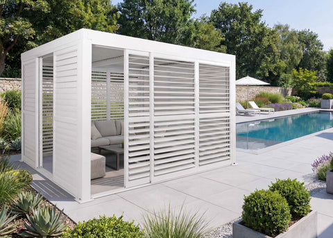 Alu Pergola 3x3m Weiß mit 6 Schiebetüren & 6 Lamellenpaneelen | Pavillon Terrassenüberdachung wetterfest