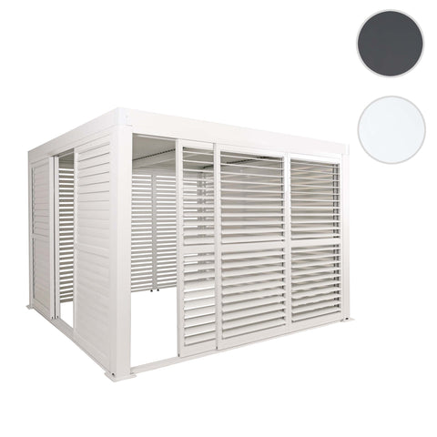 Alu Pergola 3x3m Weiß mit 6 Schiebetüren & 6 Lamellenpaneelen | Pavillon Terrassenüberdachung wetterfest