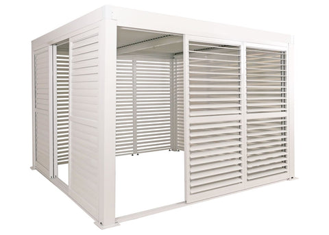 Alu Pergola 3x3m Weiß mit 6 Schiebetüren & 6 Lamellenpaneelen | Pavillon Terrassenüberdachung wetterfest