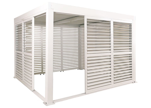 Alu Pergola 3x3m Weiß mit 6 Schiebetüren & 6 Lamellenpaneelen | Pavillon Terrassenüberdachung wetterfest