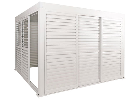 Alu Pergola 3x3m Weiß mit 6 Schiebetüren & 6 Lamellenpaneelen | Pavillon Terrassenüberdachung wetterfest