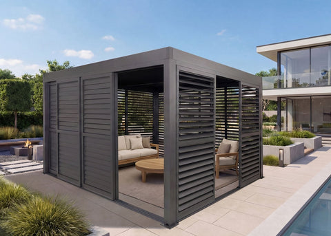 Premium Alu Pergola 3x4m Anthrazit - Lamellendach & 7 Schiebetüren Pavillon