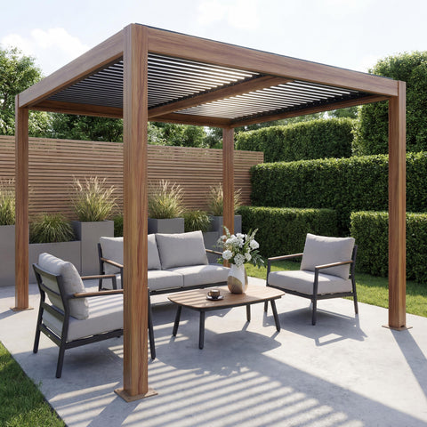 Aluminium Pergola 3x3m Braun Holz-Optik - Pavillon mit Lamellendach & Regenrinne