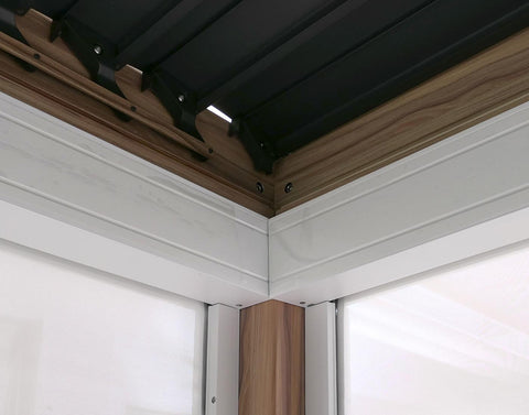 Alu Pergola 3x3m mit Lamellendach & 4 Seitenwänden - Weiß / Braun Holz-Optik