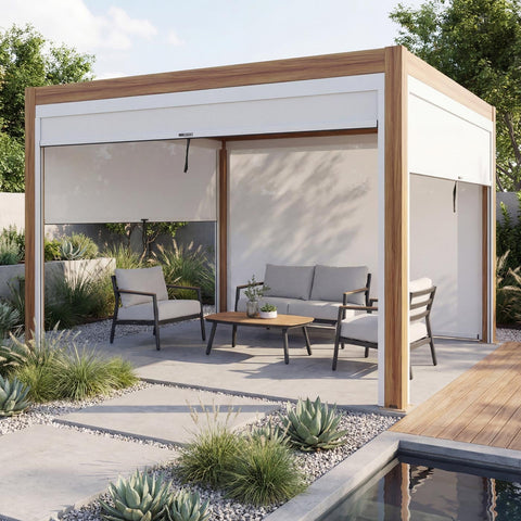 Alu Pergola 3x3m mit Lamellendach & 4 Seitenwänden - Weiß / Braun Holz-Optik