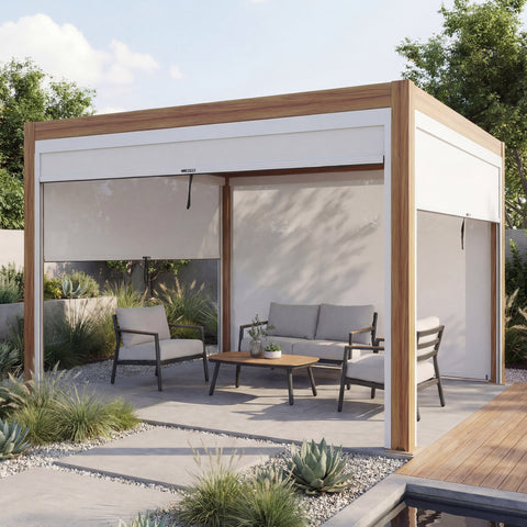Alu Pergola 3x3m mit Lamellendach & 4 Seitenwänden - Weiß / Braun Holz-Optik