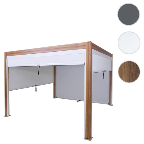 Alu Pergola 3x3m mit Lamellendach & 4 Seitenwänden - Weiß / Braun Holz-Optik