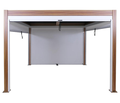 Alu Pergola 3x3m mit Lamellendach & 4 Seitenwänden - Weiß / Braun Holz-Optik