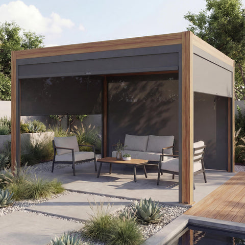 Aluminium Pergola 3x3m mit Lamellendach & 4 Seitenwänden | Braun Holz-Optik / Anthrazit