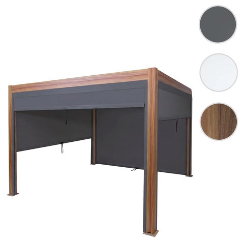 Aluminium Pergola 3x3m mit Lamellendach & 4 Seitenwänden | Braun Holz-Optik / Anthrazit