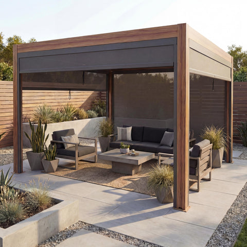 Aluminium Pergola 3x4m mit verstellbarem Lamellendach & 4 Seitenwand-Rollos - Holz-Optik/Anthrazit