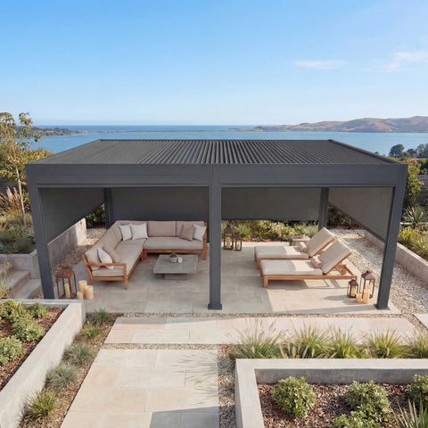 Aluminium Pergola C92 3x6m Anthrazit mit 6 Seitenwänden Lamellendach Pavillon