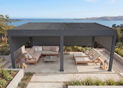 Aluminium Pergola C92 3x6m Anthrazit mit 6 Seitenwänden Lamellendach Pavillon