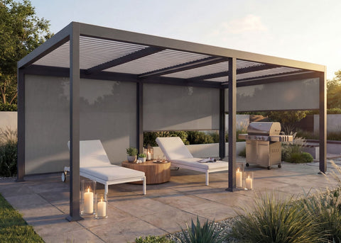 Alu-Pergola mit 3x Seitenwand, Lamellen-Pavillon, stabiles 8cm-Metall-Gestell 3x6m, Anthrazit