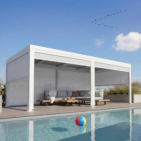 Alu Pergola 3x6m Weiß mit 6 Seitenwänden - Verstellbares Lamellendach