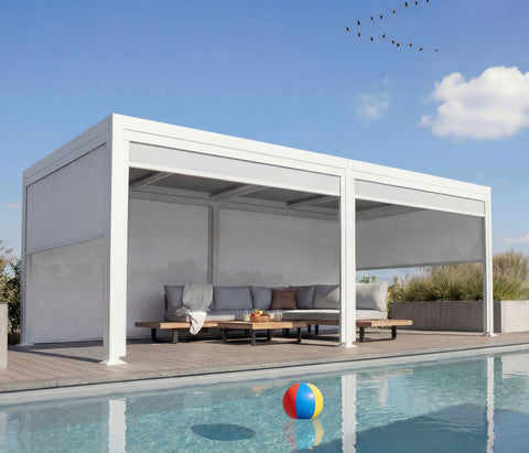 Alu Pergola 3x6m Weiß mit 6 Seitenwänden - Verstellbares Lamellendach