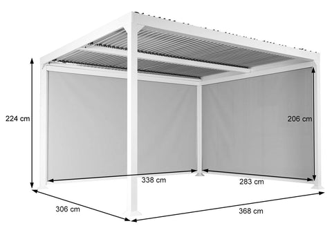 Alu-Pergola 3x3,7m in Weiß mit verstellbarem Lamellendach und 2 Seitenwänden