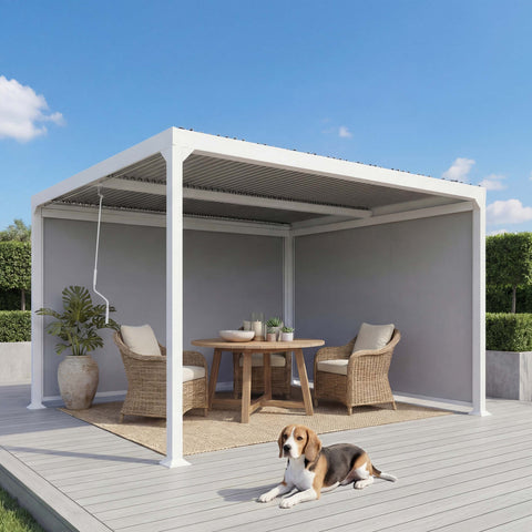 Alu-Pergola 3x3,7m in Weiß mit verstellbarem Lamellendach und 2 Seitenwänden
