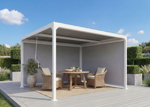Alu-Pergola 3x3,7m in Weiß mit verstellbarem Lamellendach und 2 Seitenwänden