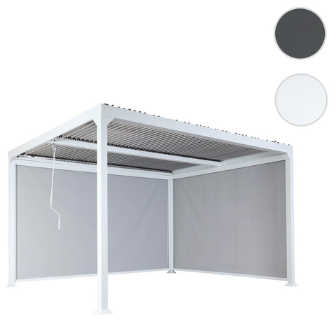 Alu-Pergola 3x3,7m in Weiß mit verstellbarem Lamellendach und 2 Seitenwänden