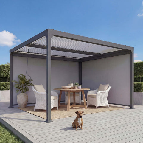 Alu Pergola 3x3,7m mit verstellbarem Lamellendach und 2 Seitenwänden Anthrazit