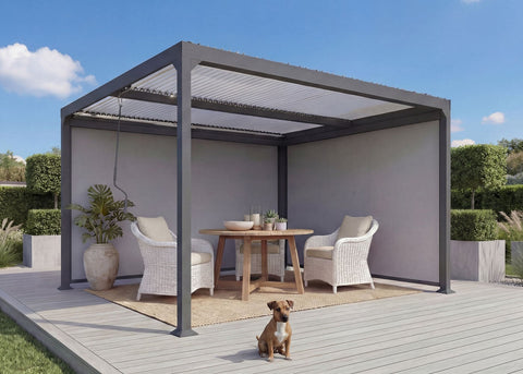 Alu Pergola 3x3,7m mit verstellbarem Lamellendach und 2 Seitenwänden Anthrazit