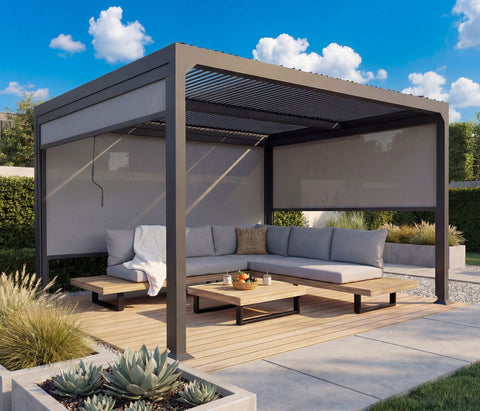 Alu-Pergola 3x3,7m mit Lamellendach und 3 Seitenwänden - Anthrazit