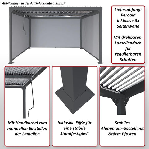 Alu-Pergola 3x3,7m mit Lamellendach und 3 Seitenwänden - Anthrazit