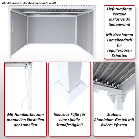 Aluminium Pergola 3x3,7m mit Lamellendach und 3 Seitenwänden - Weiß