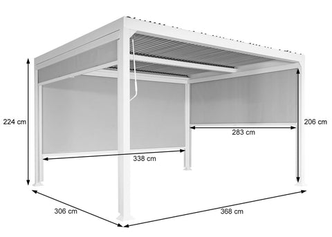 Aluminium Pergola 3x3,7m mit Lamellendach und 3 Seitenwänden - Weiß
