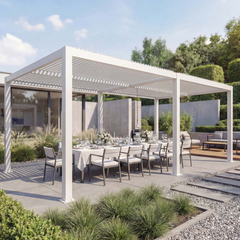 Alu-Pergola 3x6m Weiß - Modernes Lamellendach & 11cm Gestell - Gartenpavillon Sturmfest